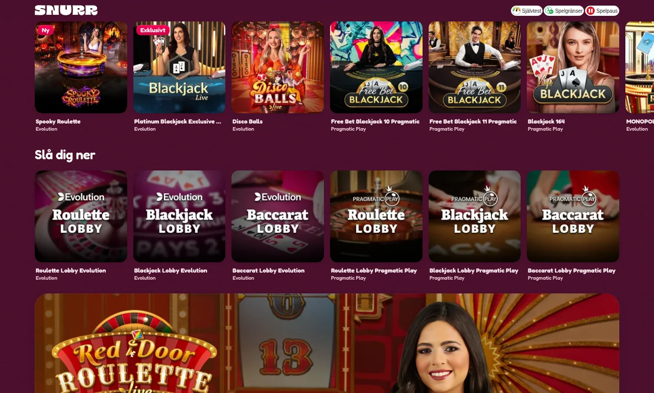 Snurrcasinos livecasino-sektion