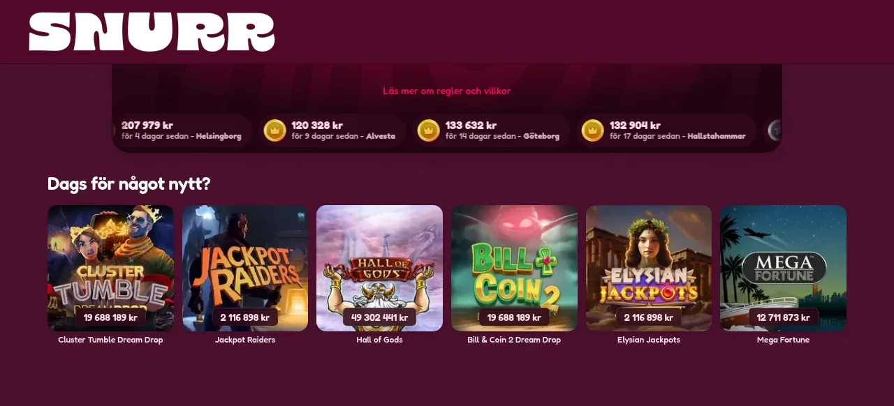 Snurrcasinos lobby längre ned på sidan