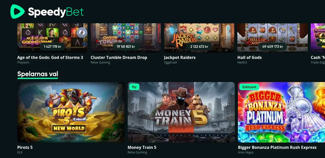 Spellobbyn hos Speedybet med rutor för slots och casinospel