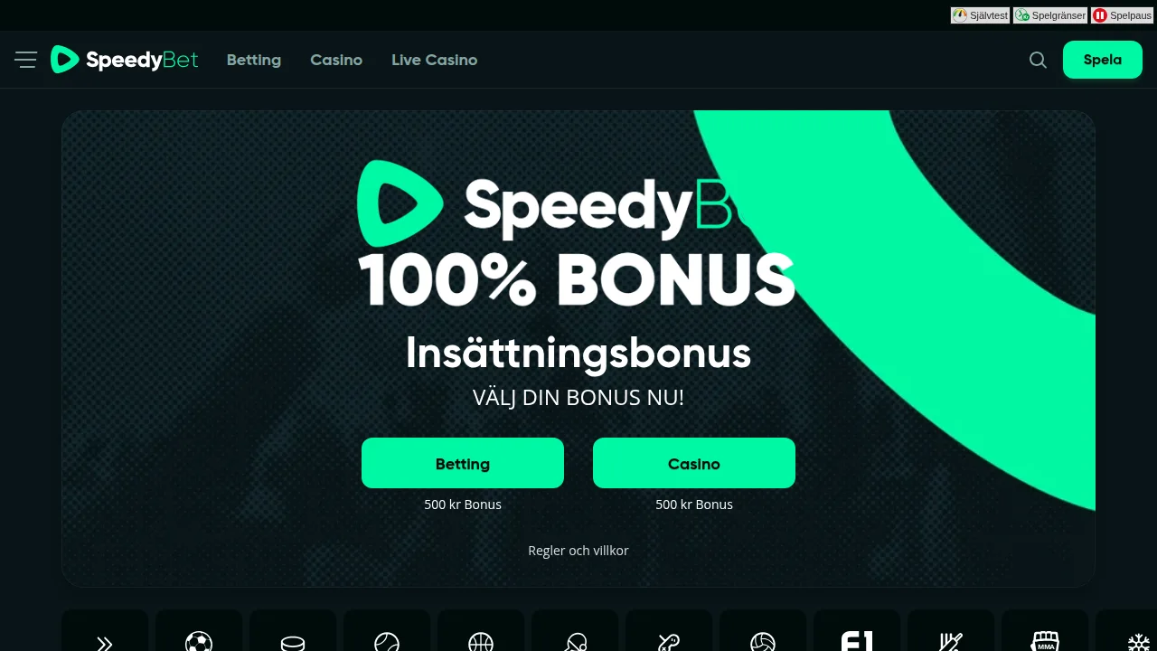 Startsidan hos Speedybet med logotyp, hero-yta och det första bonuserbjudandet