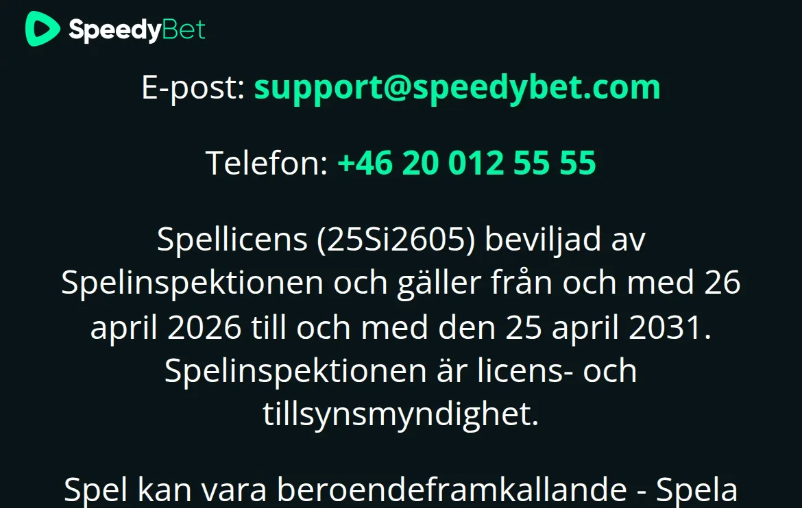 Licensnotisen hos Speedybet med Spelinspektionen och licensnummer 25Si2605
