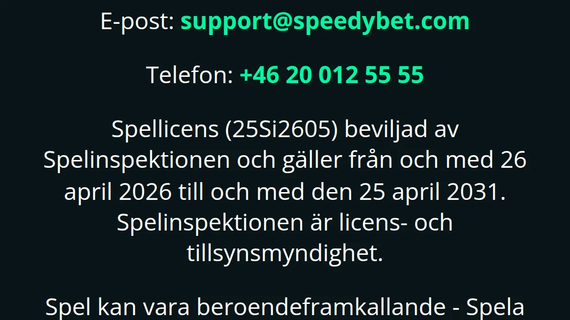 Speedybets licensuppgifter från Spelinspektionen visade i sidfoten på mobilsajten