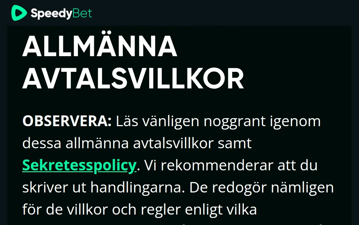 Bonusvillkor hos Speedybet för casino- och bettingbonus