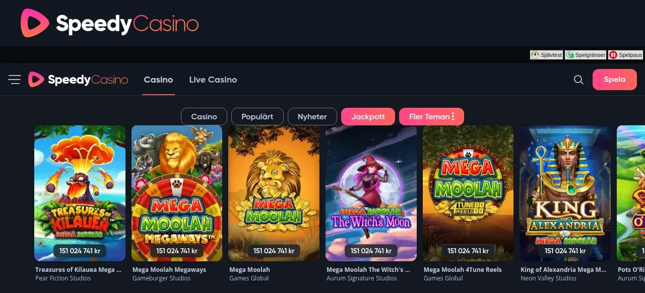 Speedycasinos jackpottsektion med aktuella jackpottbelopp