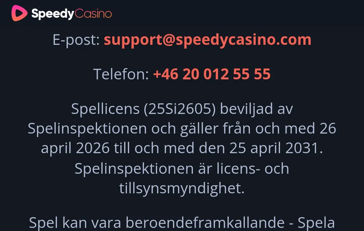 Speedycasinos licensinformation med Spelinspektionen och licensnummer