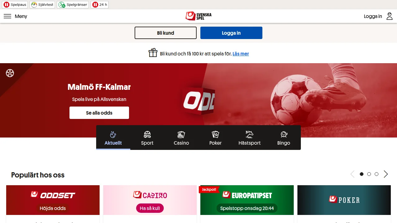 Toppen av startsidan på Spela.Svenskaspel med logotyp, toppbild och första erbjudandet