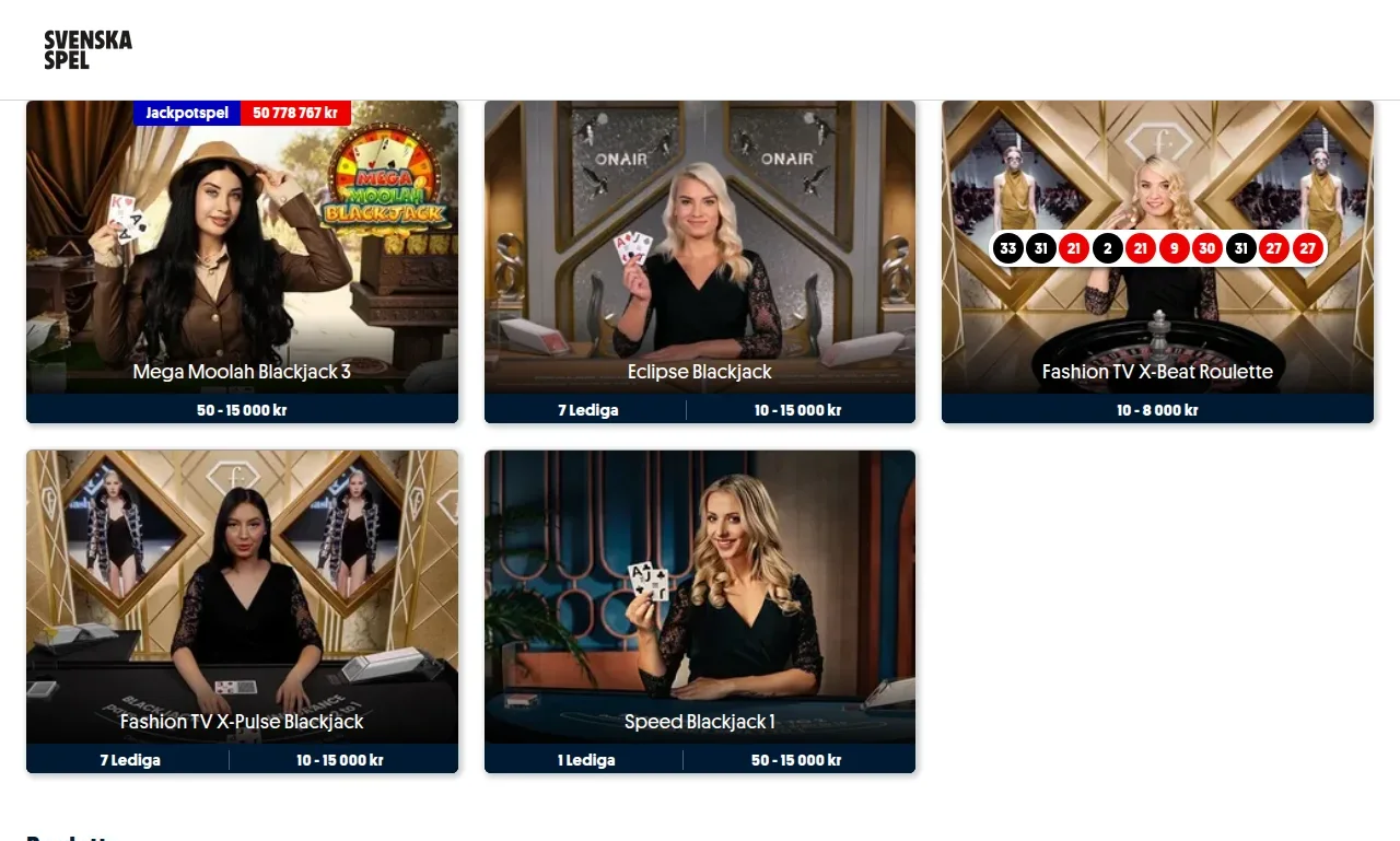 Livecasinosektionen på Spela.Svenskaspel med livebord