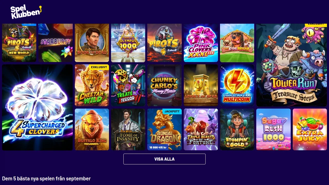 Spelklubbens spellobby med slots och spelrutor