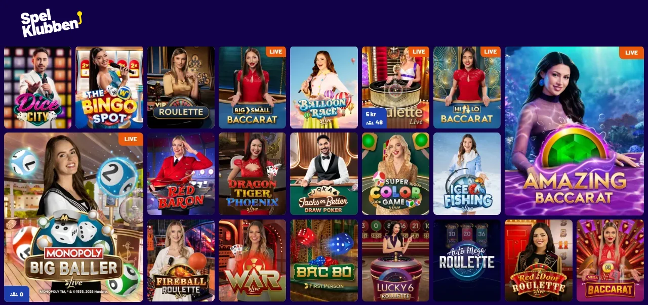 Spelklubbens livecasinosektion med livebord