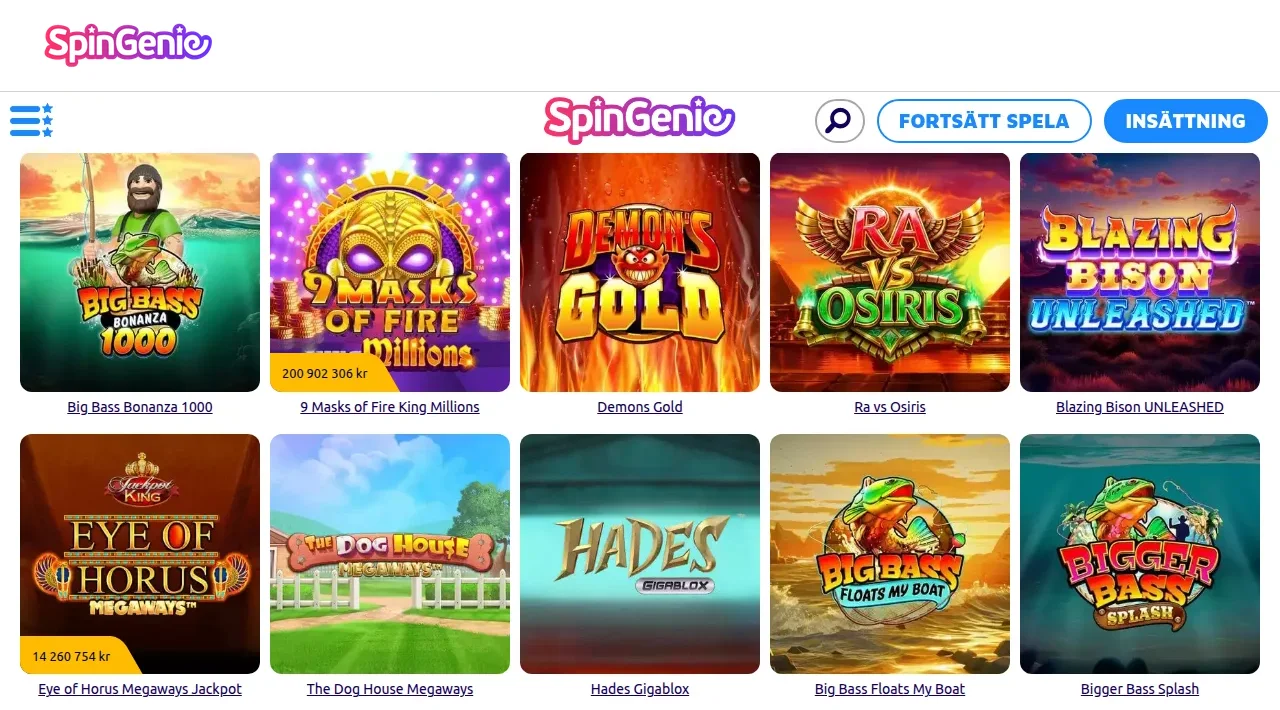 Spingenies spellobby med spelrutor för slots