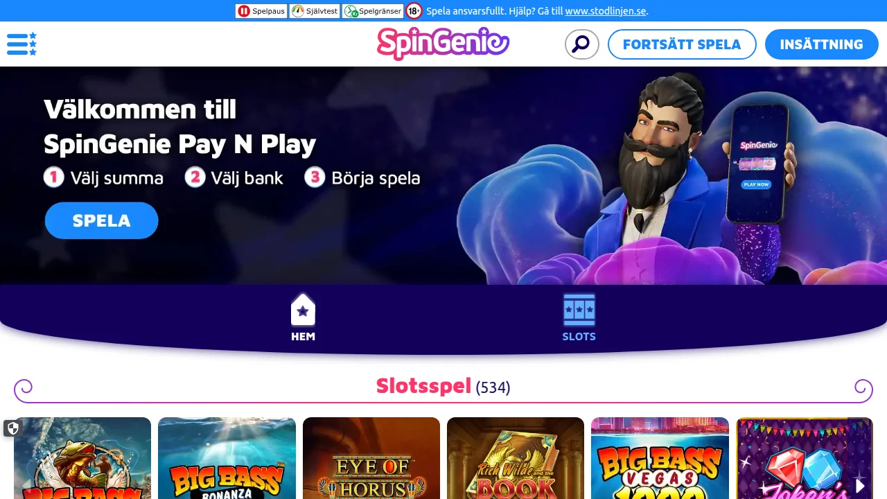 Startsidan hos Spingenie med logotyp, hero-yta och första erbjudandet