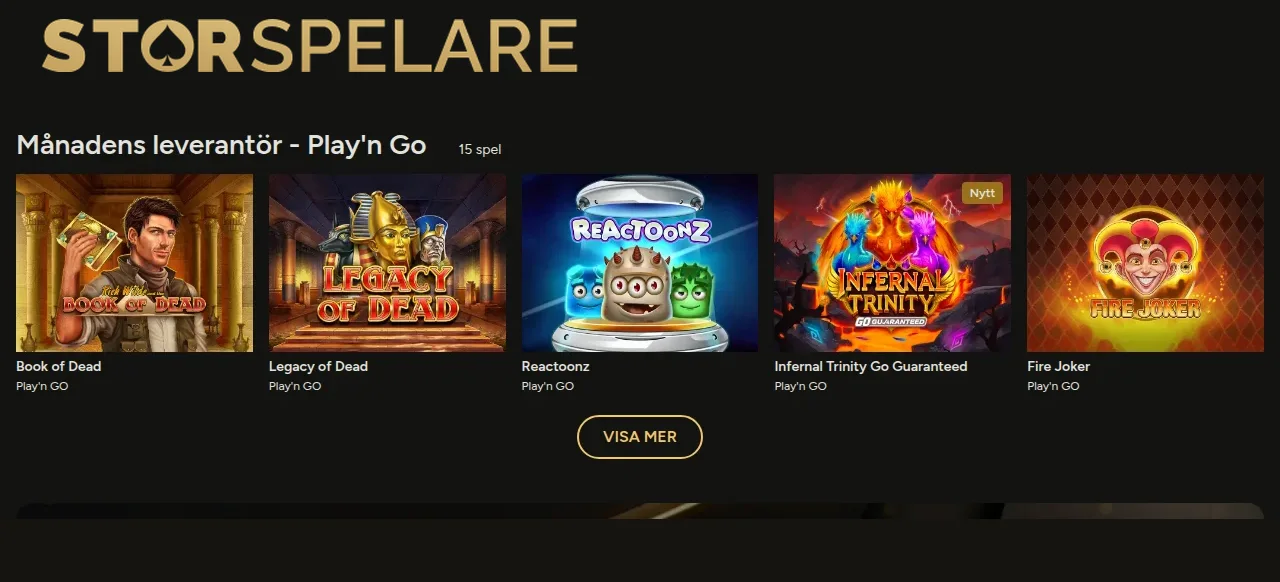 Storspelares spellobby med spelrutor för slots och casinospel