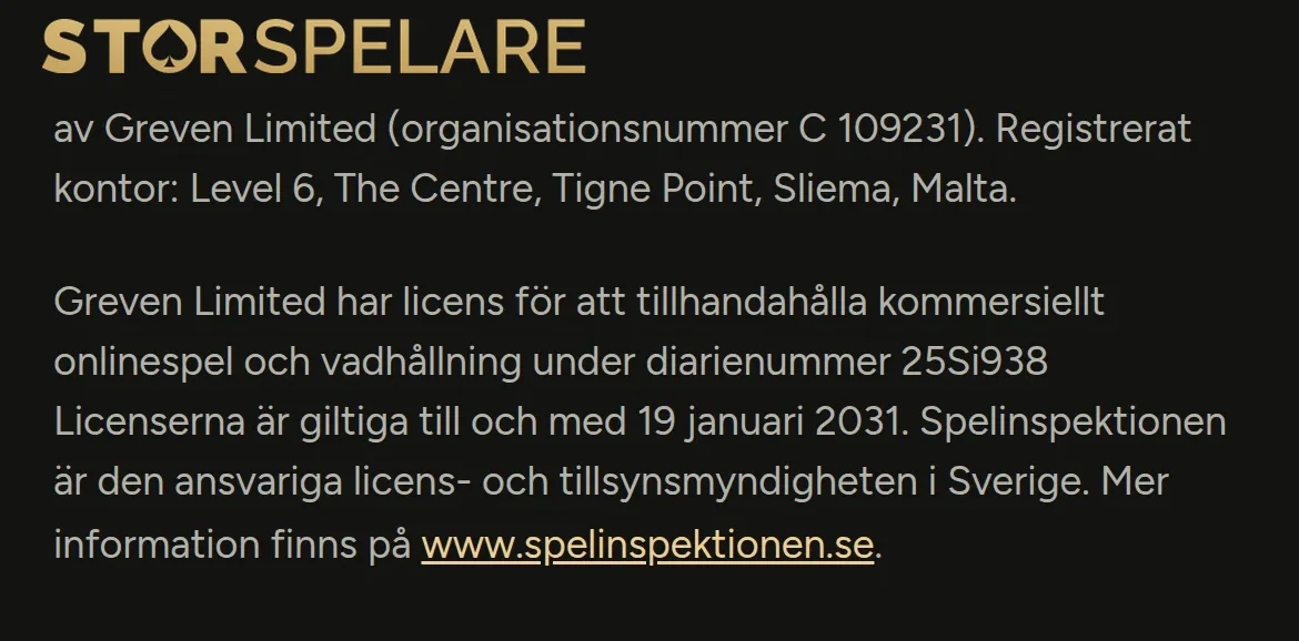 Licensinformation på Storspelare med Spelinspektionen och diarienummer 25Si938