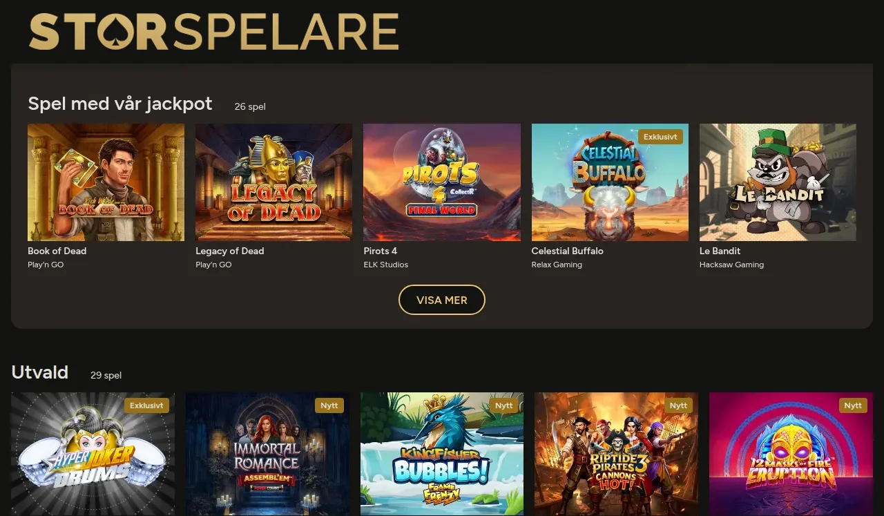 Längre ner i Storspelares lobby med fler spelrutor