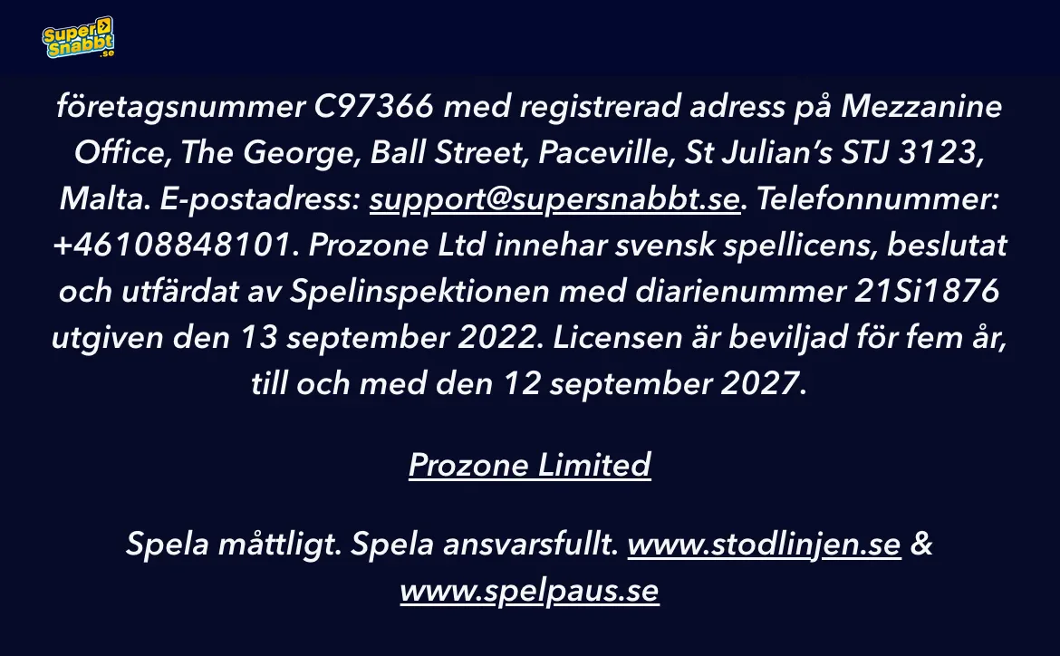 Licensinformation hos Supersnabbt med Spelinspektionen och diarienummer