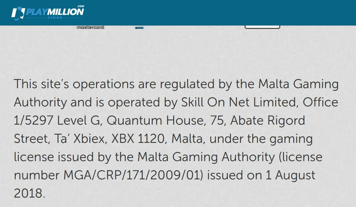 Licensuppgift på Sv.Playmillion med Malta Gaming Authority och licensnummer