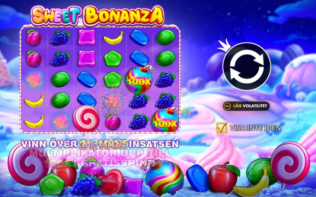 Ett snurr i Sweet Bonanza där tumble ersätter vinnande symboler med nya