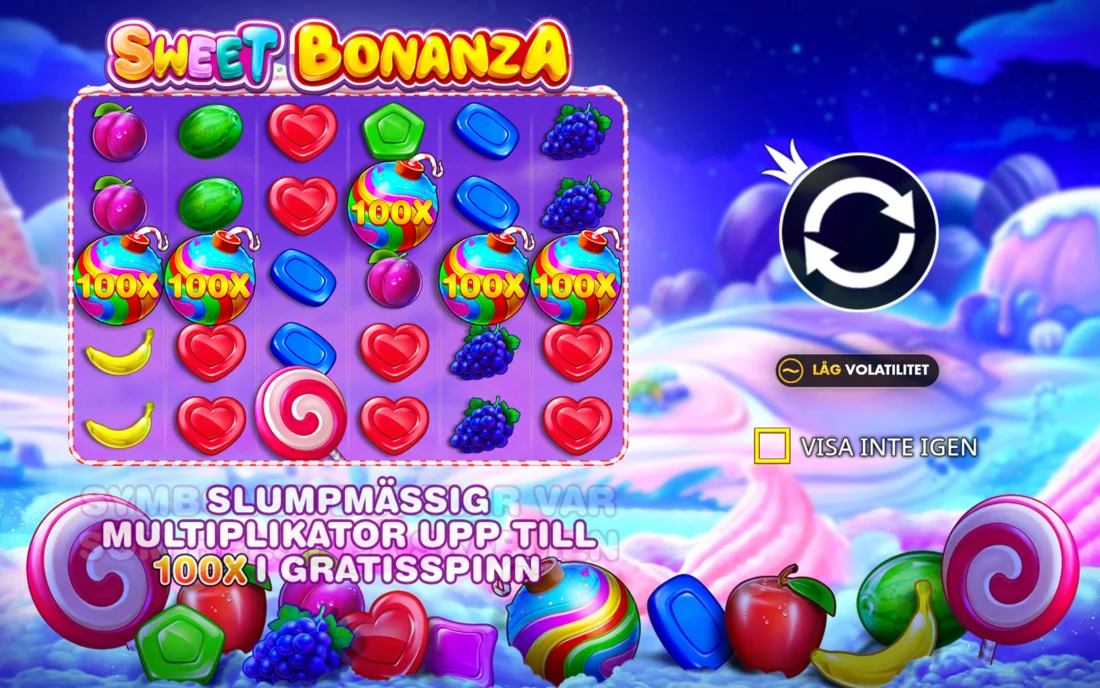 Grundspelet i Sweet Bonanza: rutnät på 6 × 5 med godis, frukt och klubbor