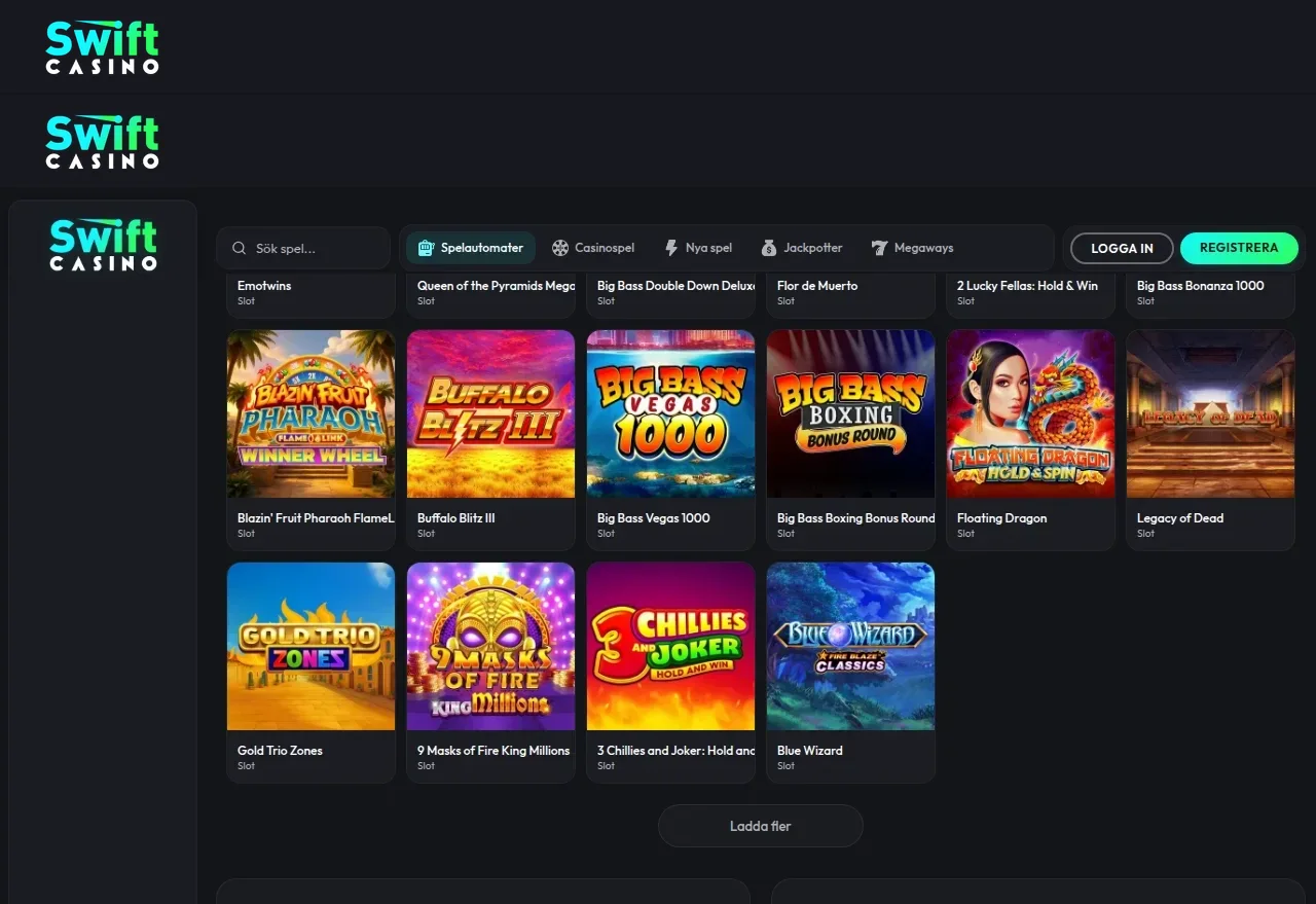 Swiftcasinos spellobby med spelrutor för slots