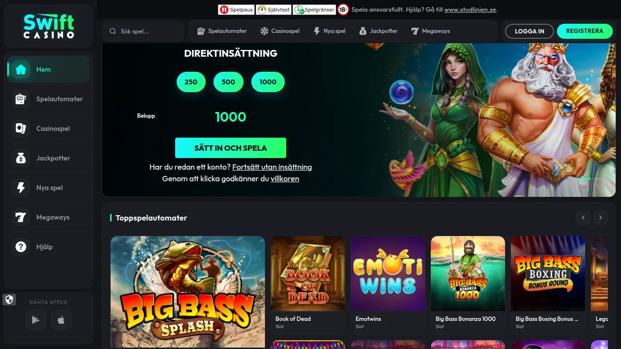 Toppen av Swiftcasinos startsida med logotyp, toppbild och första erbjudandet