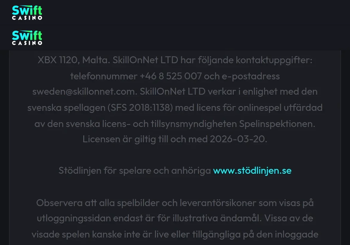 Licensinformation på Swiftcasinos webbplats med spelmyndighet och licensuppgifter