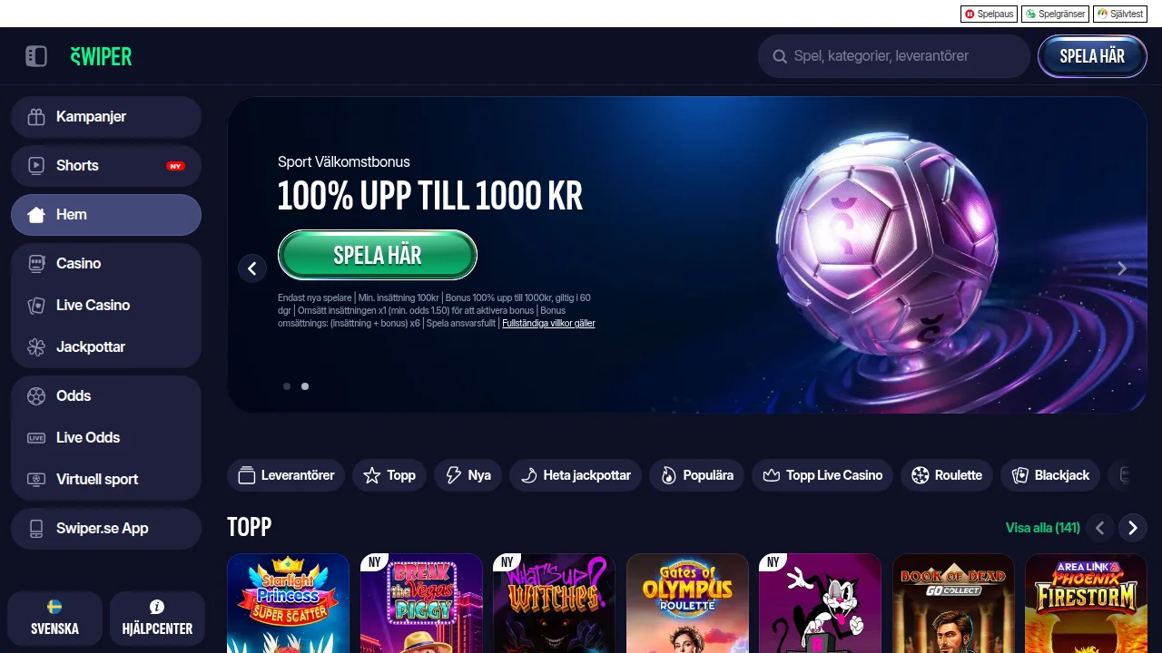 Toppen av Swipers startsida med logotyp, hero-bild och det första erbjudandet