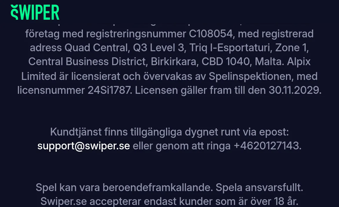 Swipers licensinformation från Spelinspektionen med giltighetsdatum