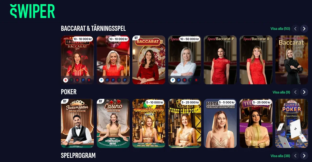 Swipers livecasinosektion med livebord