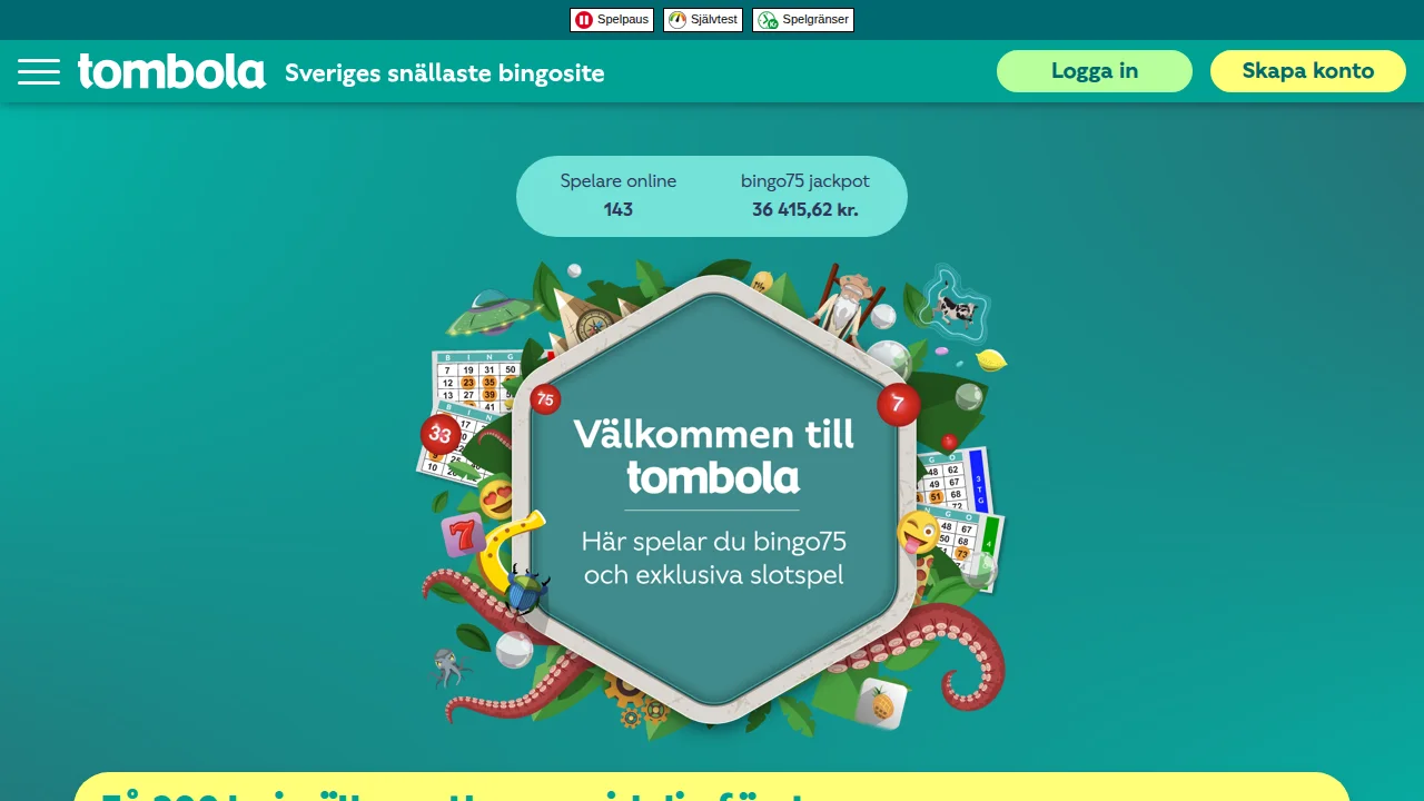 Startsidan på tombola.se med logotyp, hero och det första erbjudandet