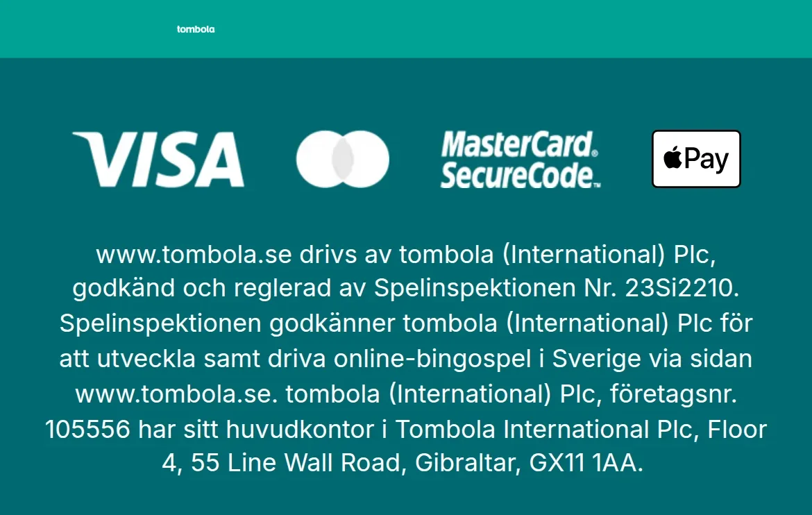 Licensinformation på tombola.se med Spelinspektionen och licensnummer 23Si2210