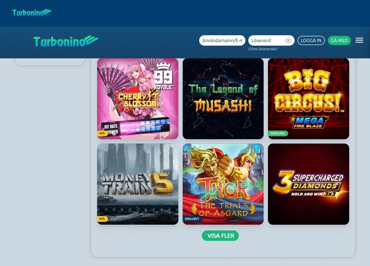 Turbonino-lobbyn med slots och spelrutor