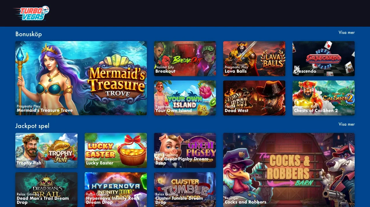 Spellobbyn hos Turbovegas med rutor för slotspel
