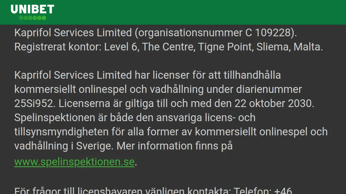 Unibets licensuppgift med diarienummer hos Spelinspektionen