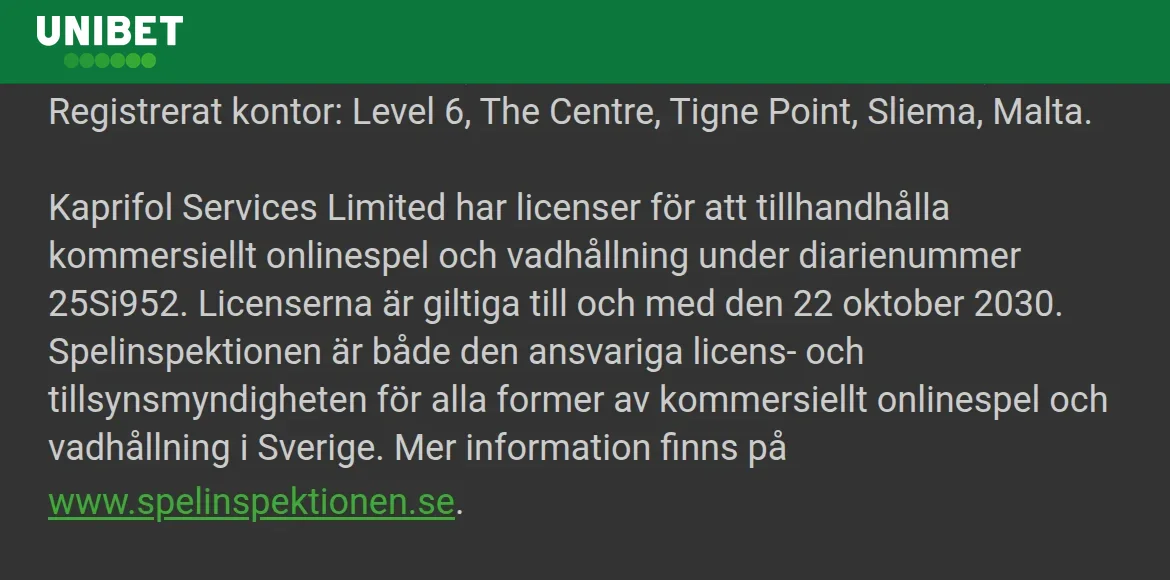 Licensinformation på Unibets webbplats med Spelinspektionen och diarienummer