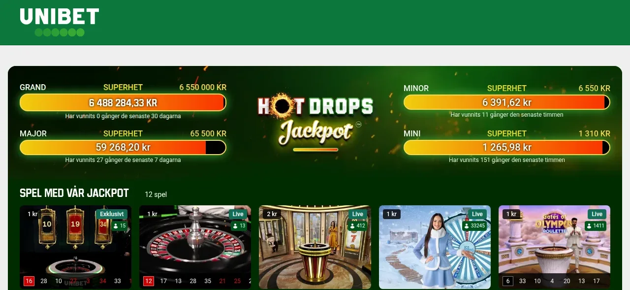 Livecasinosektionen hos Unibet med bord för roulette och blackjack