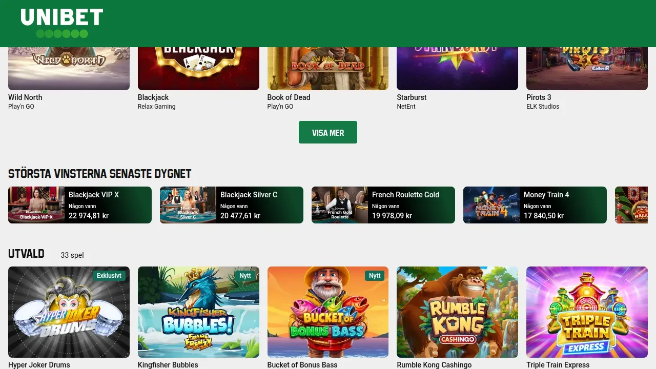 Unibets livecasino med roulette- och blackjackbord