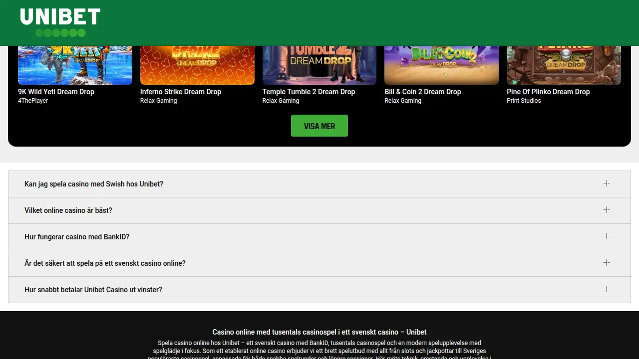 Skärmdump från Unibets casinosektion