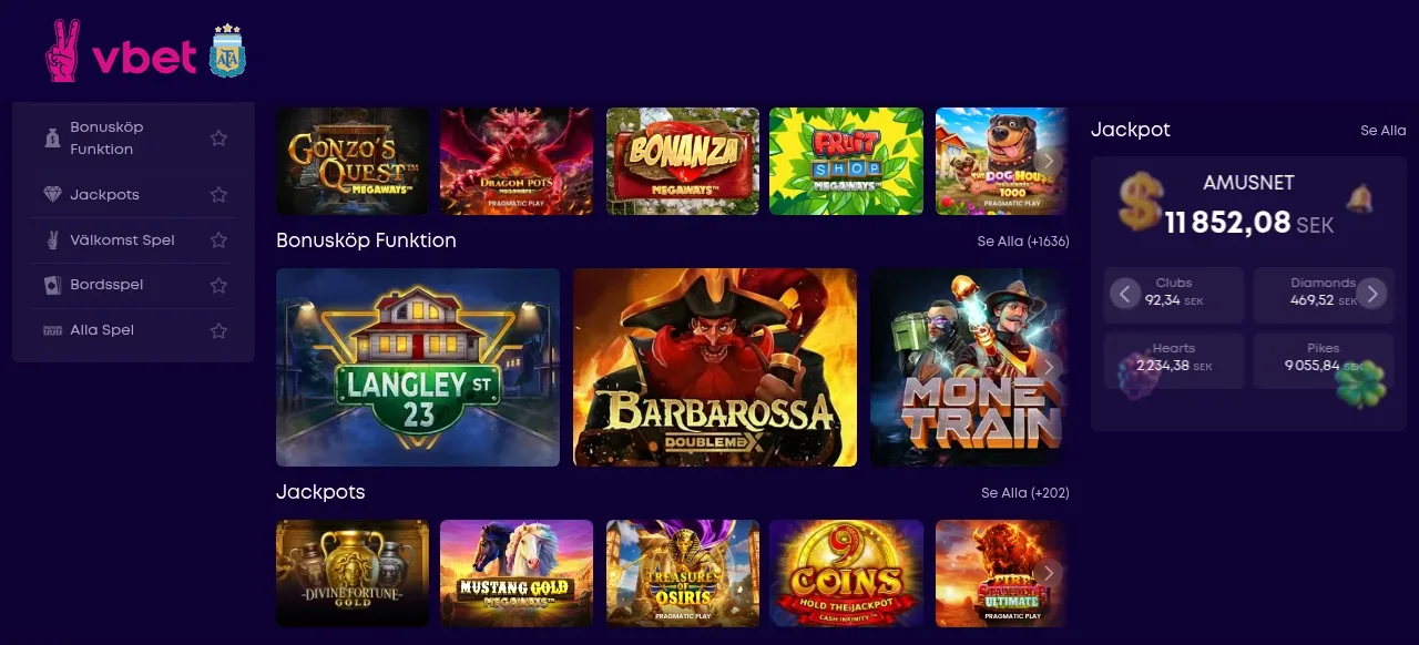 Spellobbyn på Vbet med slots som spelrutor
