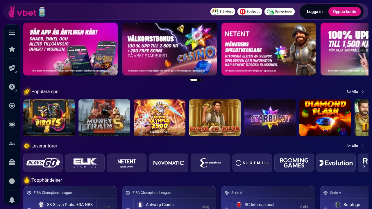 Vbet startsida med logotyp, toppbanner och första erbjudandet