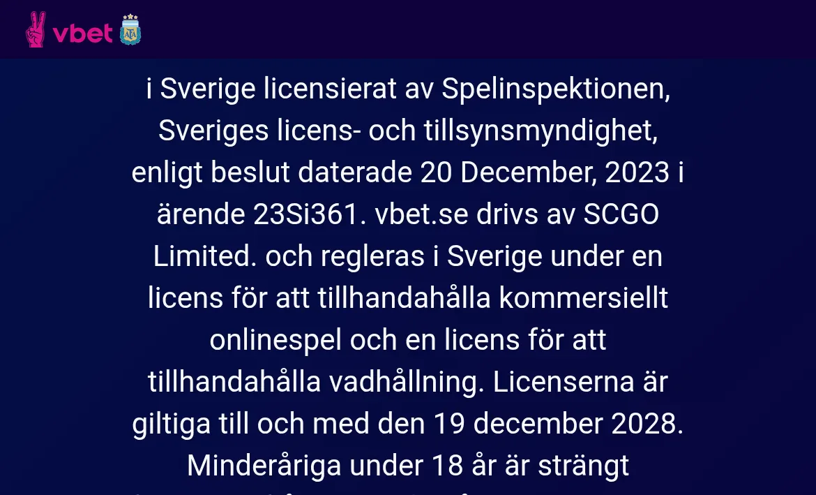 Licensinformation på vbet.se med Spelinspektionen och licensnummer 23Si361
