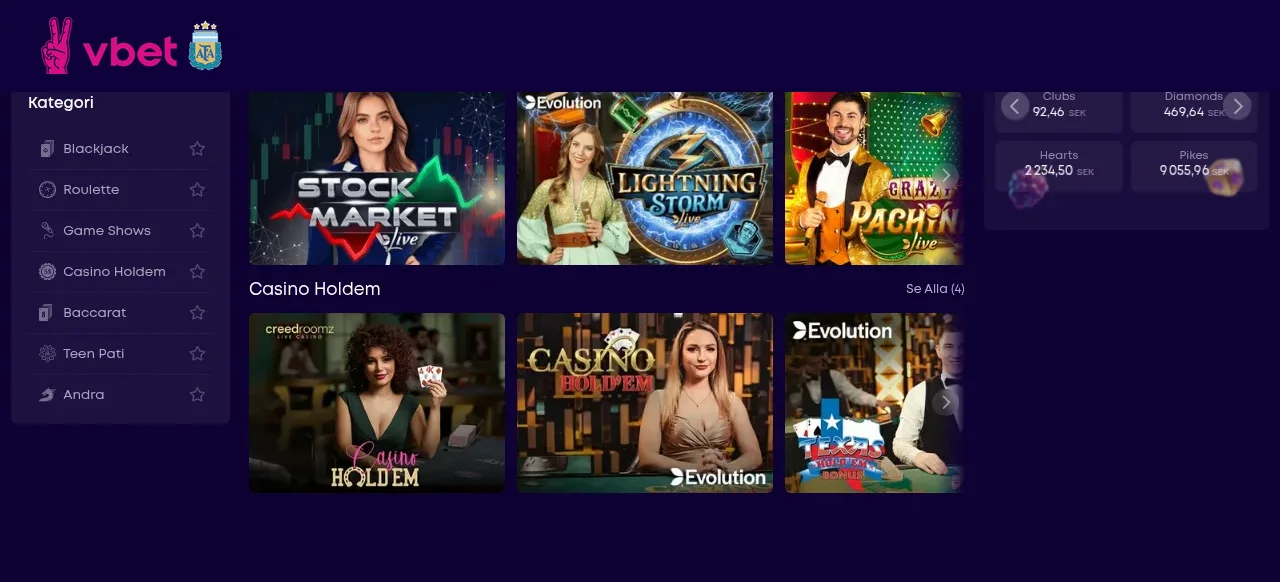 Livecasinosektionen på Vbet