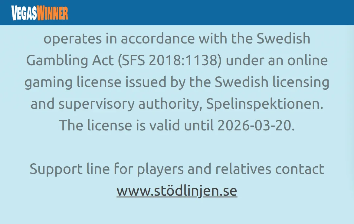 Licensinformation på Vegaswinners webbplats