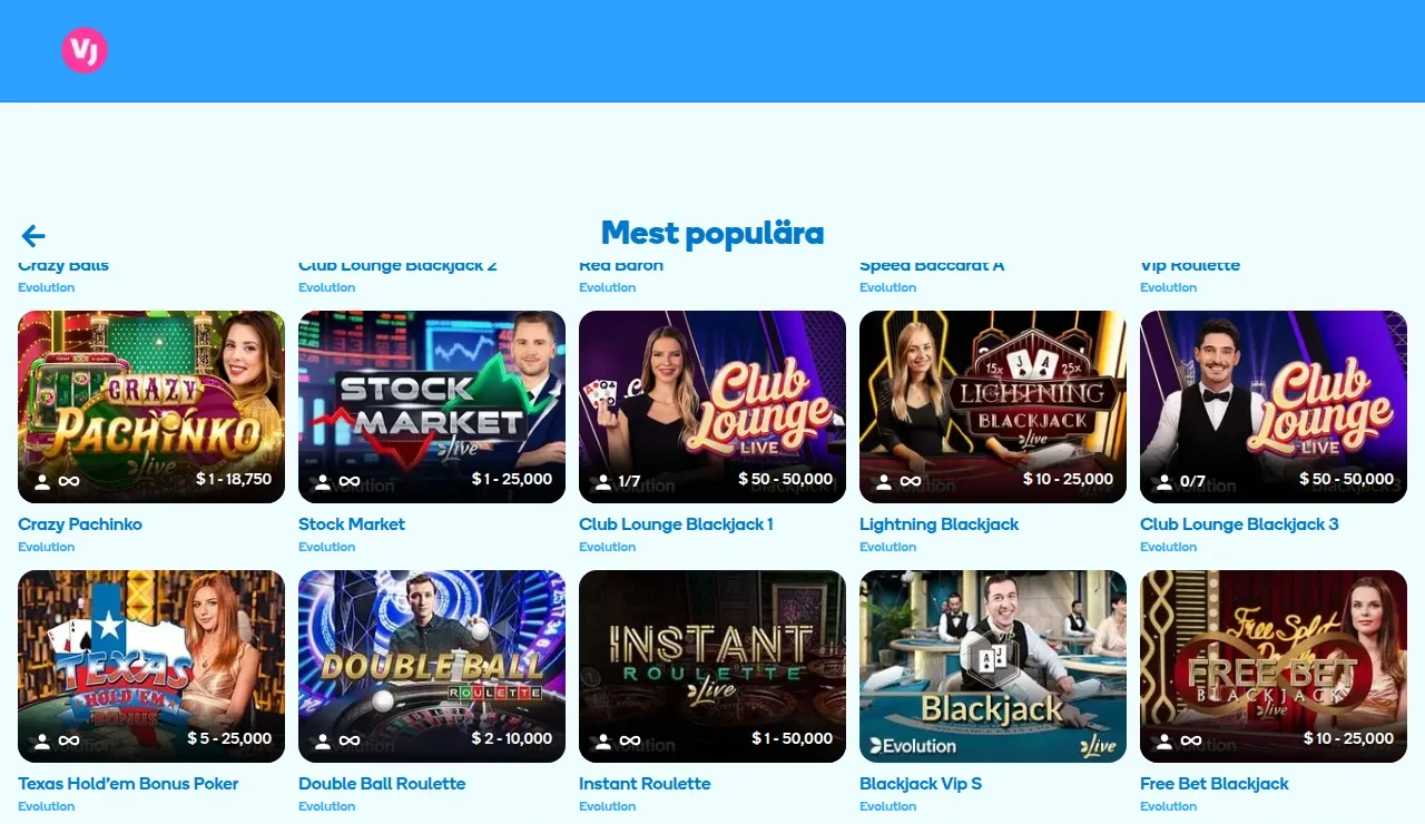 Livecasino-sektionen hos Vera&John