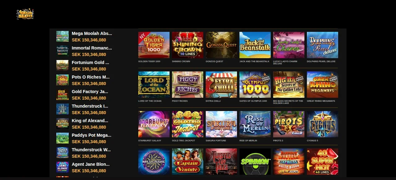 Videoslots startsida och spellobby med utvalda slots
