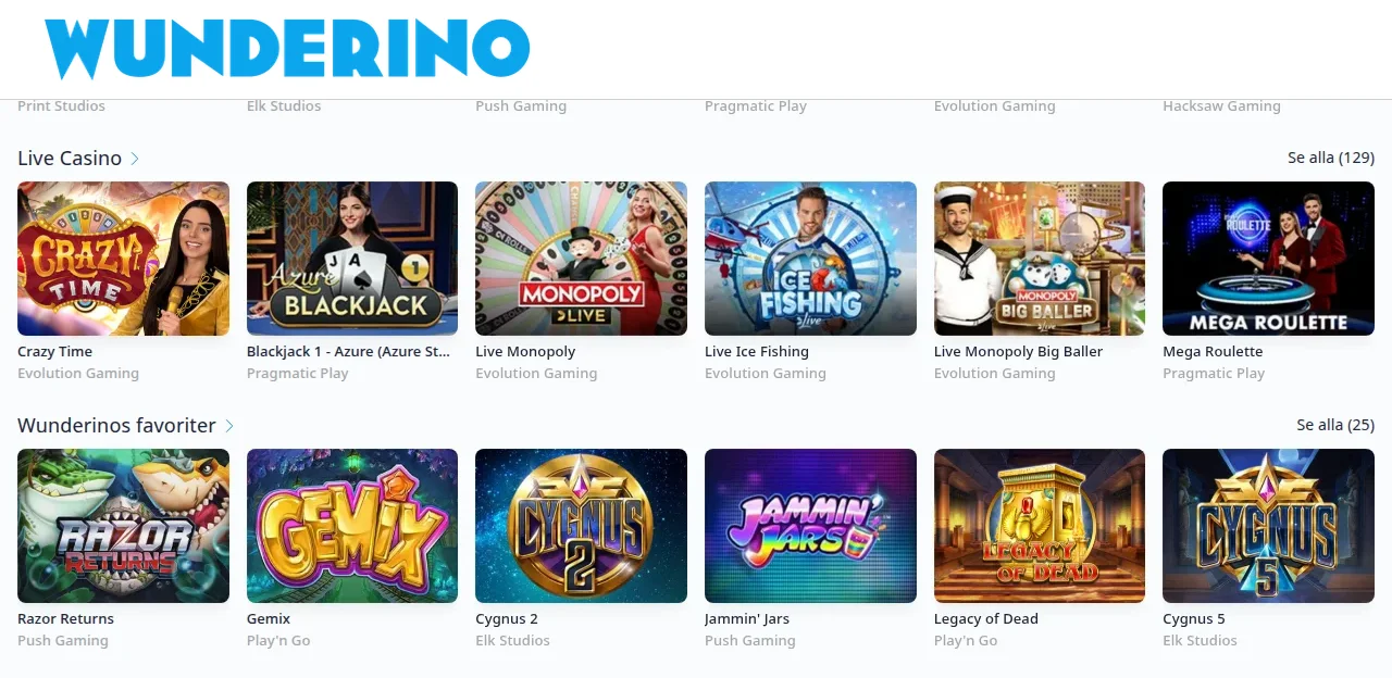 Wunderinos spellobby med slots och speltiles
