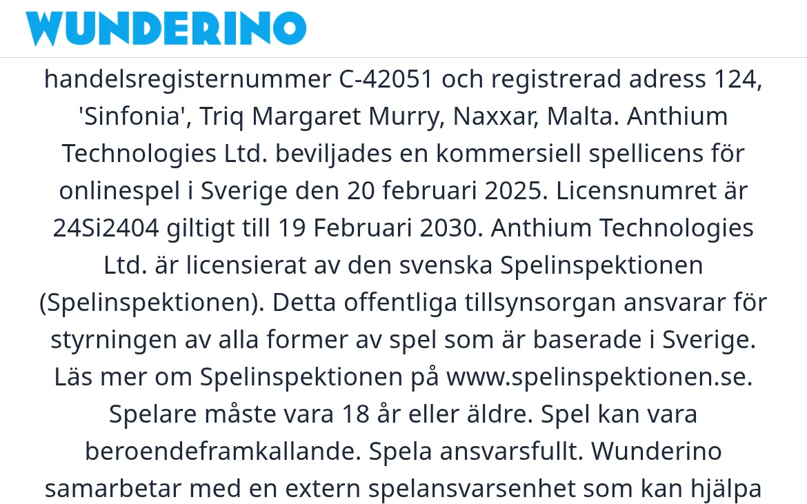 Licensuppgifter i Wunderinos sidfot med Spelinspektionen och licensnummer 24Si2404