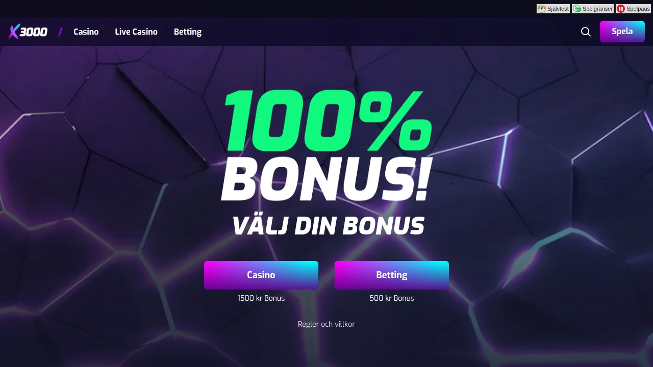 Startsidan på X3000 med logotyp, toppbanner och första erbjudandet