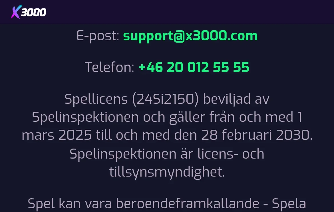 Licensinformation på X3000 med Spelinspektionen och licensnummer 24Si2150