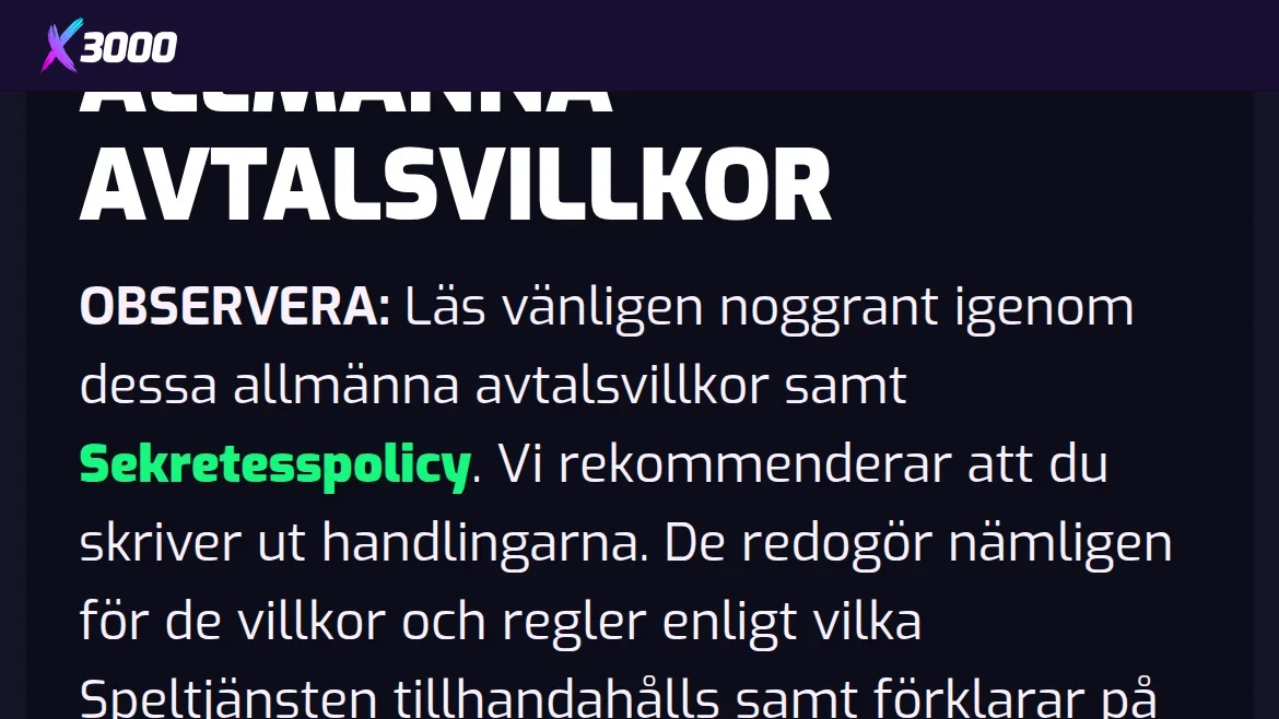 X3000:s villkorssida med information om spelgränser och ansvarsfullt spelande