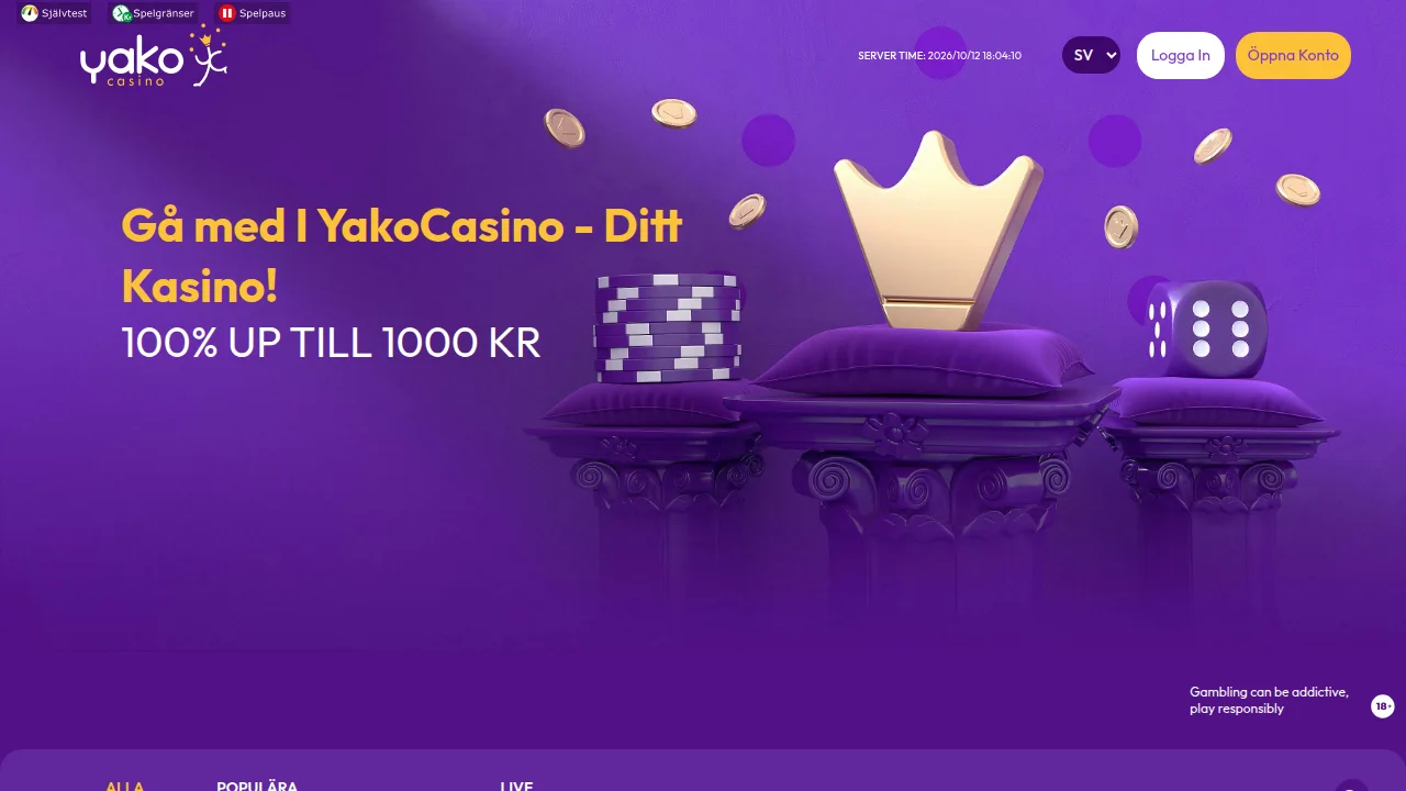 Startsidan hos Yakocasino med logotyp, hero-yta och välkomsterbjudande